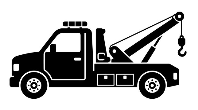 Black silhouette of a tow truck with a hook and boom on a white background