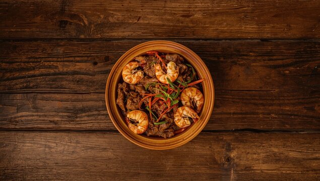 Detailed close up of Obe Ila Alasepo dish with shrimp and beef in bowl placed on wooden table