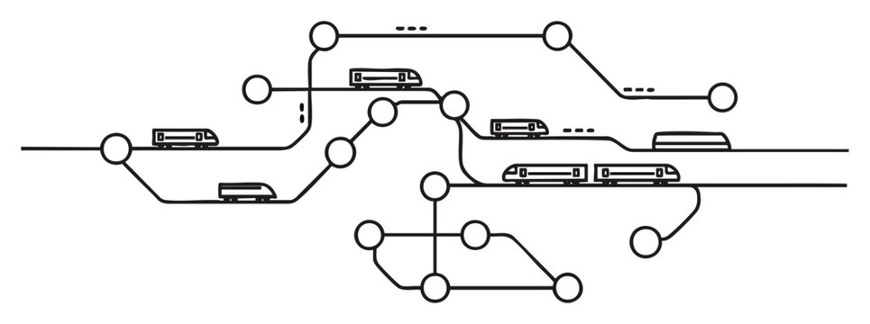 Minimalist transit map with clean lines, circular nodes, and vehicle icons, concept for logistics network, for supply chain presentations and urban planning infographics