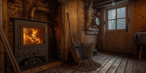 Obraz premium Cozy interior of a wooden cabin with a stove and door