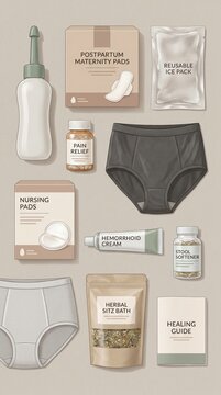 Postpartum Recovery Supplies Kit Illustration with Maternity Pads Perineal Care Nursing Pads and Healing Essentials for New Mothers