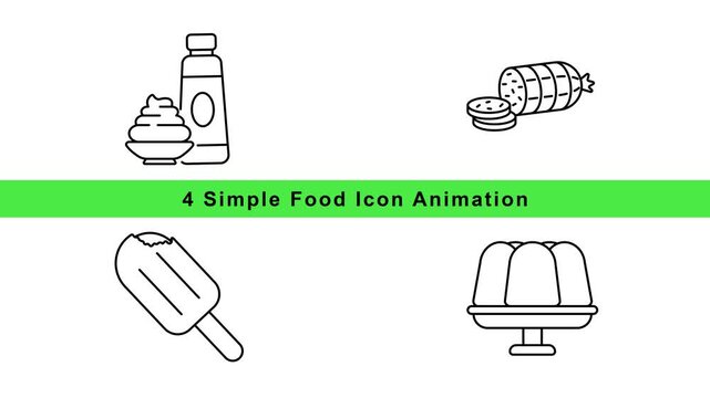 Simple Food Icon Animation Set - Milk Bottle Ice Cream Sushi Cake Popsicle Outline Motion Graphics Loop