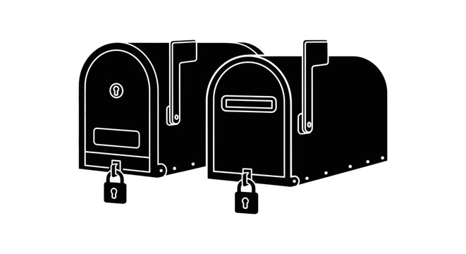 Three Mailboxes With Padlocks Black And White Silhouette mailbox postbox