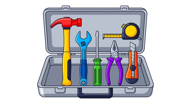 Assorted hand tools inside an open toolbox colorful vector silhouette