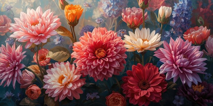 Vibrant floral oil art illustrating flowers in peak bloom with beauty celebration