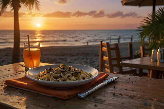 A serene sunset dinner on a beach featuring a plate of pasta and a refreshing drink with ocean view