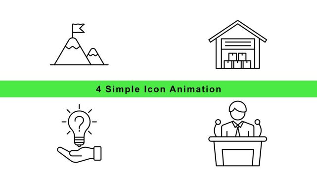 Business Presentation Icon Animation Set - Office Building Mountain Flag Lightbulb Hand Speaker Outline Motion Graphics Loop