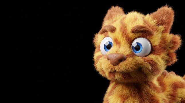 Cute fluffy orange cat character looking curious on a black background, cute 3D render monster with big blue eyes, furry kitten mascot illustration, fantasy animal concept art, copy space for graphic.