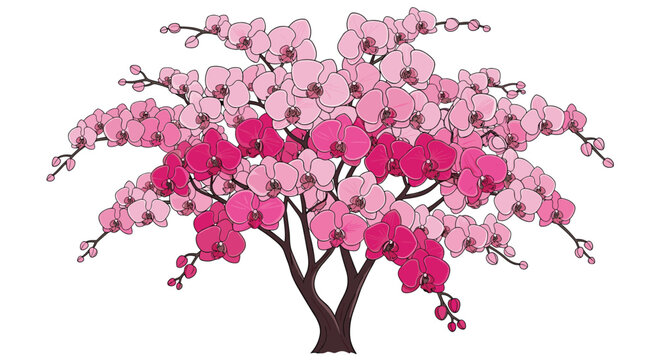 Expansive tree with dark branches is completely covered in hundreds of light and dark pink orchid flowers on a white background.