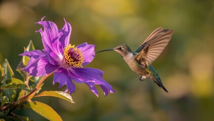 Fototapeta premium Vibrant hummingbird fluttering near a striking purple garden blossom