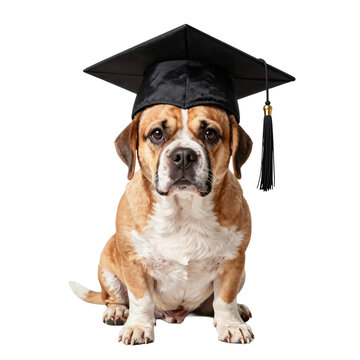 Cute puggle dog sits and wears a graduation cap against a white background