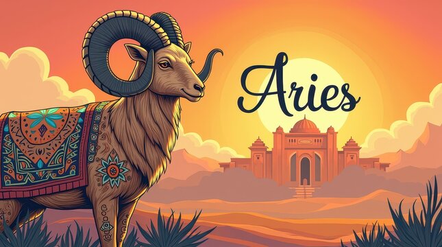 Colorful illustration showing Aries symbolizing ram horoscope from Afghanistan