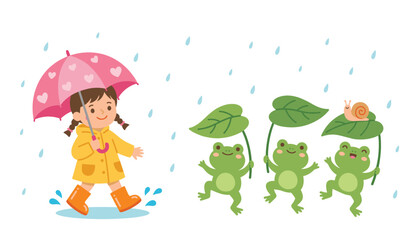 Cute girl walking in rain with frogs holding green leaves cartoon vector illustration. Pink umbrella, yellow raincoat, rubber boots, raindrops, snail and puddles. © Creative Studio 