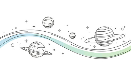 Stylized planets and abstract cosmic elements on a white background. © Ayu