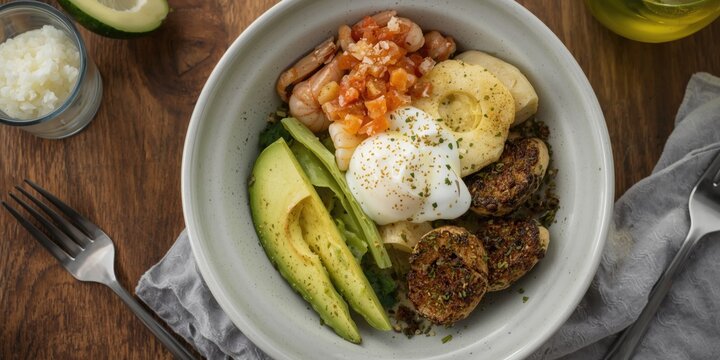 Nourishing avocado and seafood bowl infused with tropical flavors for lunch