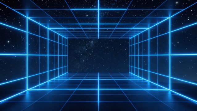Blue neon grid in space tunnel