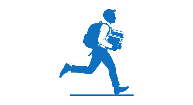 Running student with backpack and books blue silhouette runner education