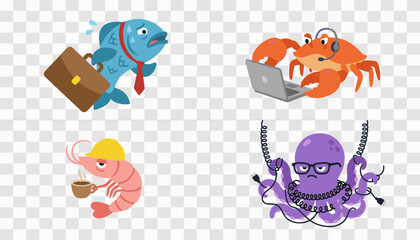 Funny cartoon sea creatures working in office jobs including fish crab shrimp and octopus isolated on transparent background © MDHABIBUL