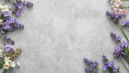 Obraz premium Overhead image with a gray grain texture framed by colorful lavender flowers creating distinctive copy space