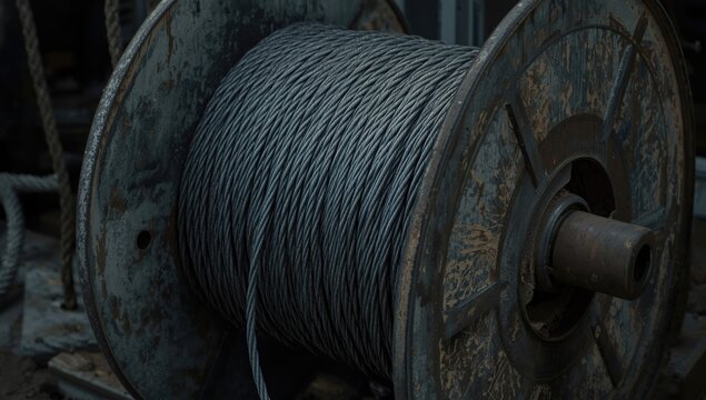 Rusty wire spool on a weathered wooden surface