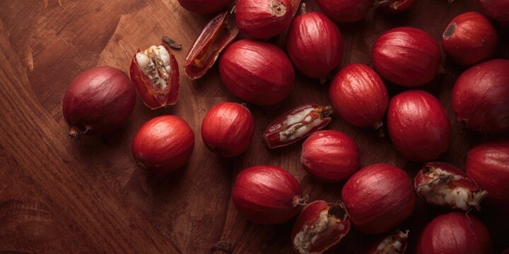 Freshly harvested palm oil fruits overlaid on smooth wooden texture