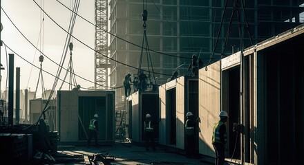 Naklejka premium Construction Site With Cranes Lifting Prefabricated Building Modules