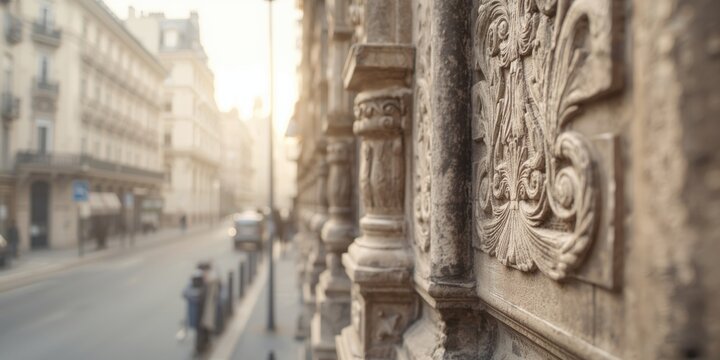 Decorative stone relief on an old building in Paris street