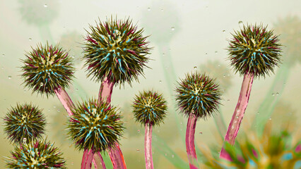 Obraz premium Surreal futuristic landscape featuring exotic spiky alien plant organisms on pink stems