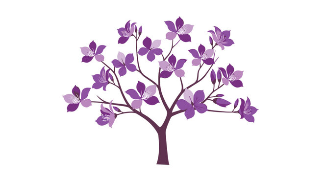 Minimalist illustration of a tree with purple five-petal flowers and thin branches isolated on white background for clean art.