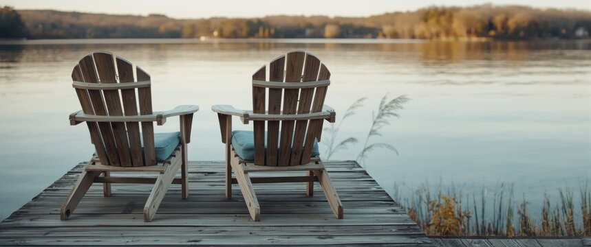 Pair of Adirondack chairs resting on old wooden dock with calm lake view