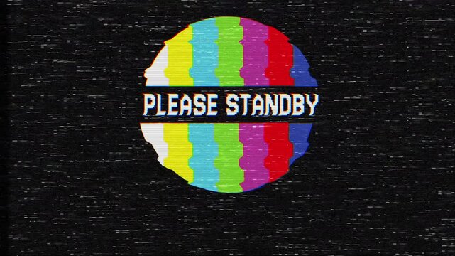 TV test pattern please stand by screen suitable for showcasing broadcast standby interruptions in presentations, videos, or graphics related to media and technology