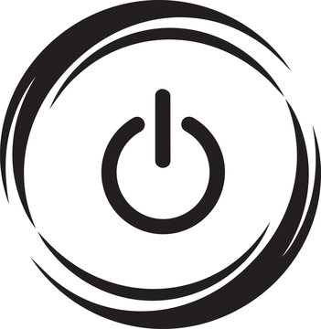 Minimalist power button icon vector, black and white start symbol with circular brush stroke, electronic standby switch graphic for technology