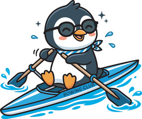 Fototapeta premium Cute cartoon penguin vector character rowing a blue watercraft while wearing a striped bandana and sunglasses. Perfect for youth water sports club branding, kid rowing team logos, and playful stickers