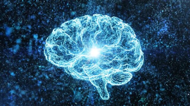 Luminous brain particles forming and dissolving in cosmic nebula with gentle camera drift