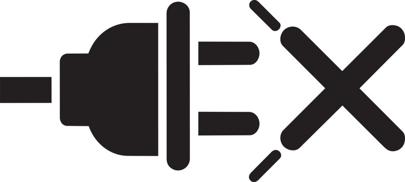 Disconnected electric plug icon with cross mark, black power cable unplugged vector, no electricity or connection error symbol for web interface