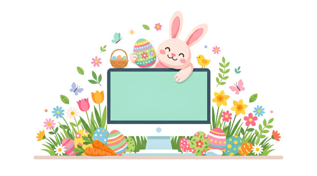 Cute Easter Bunny with Computer Monitor Flat Vector for Spring Holiday and Digital Celebration
