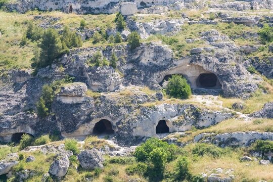 Rock‑cut caves and ancient dwellings in the Murgia Timone area,  part of the UNESCO‑listed Murgia Materana landscape, Matera, Province of Matera, Basilicata, Lucania, Italy  