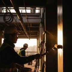 Fototapeta premium Construction Site Painters Working During Golden Hour Light