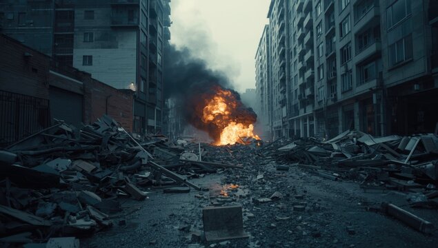 Burning debris in a destroyed urban street scene