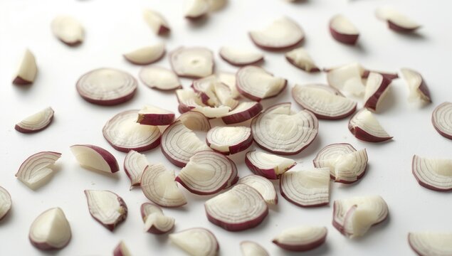 Sliced red onions scattered on a white background