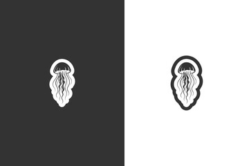 Simple jellyfish icon displayed on contrasting dark and light backgrounds © DzgnVibe