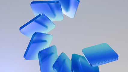 Abstract 3D render of floating blue rounded squares forming a spiral pattern on a grey background. Minimalist tech concept