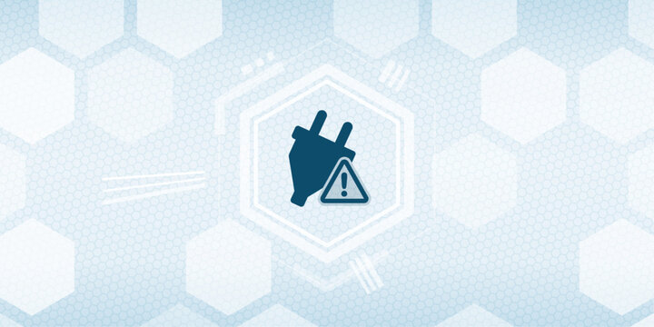 This vector graphic represents a warning symbol for a power plug connection issue. The professional design uses a blue color scheme with a digital hexagonal background pattern.
