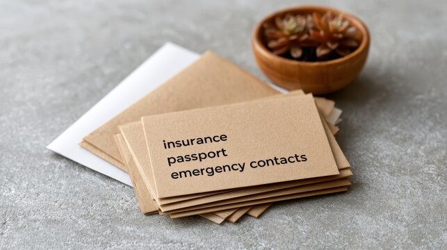 White cards: insurance, passport, emergency contacts. Organized, essential for personal preparation & life planning