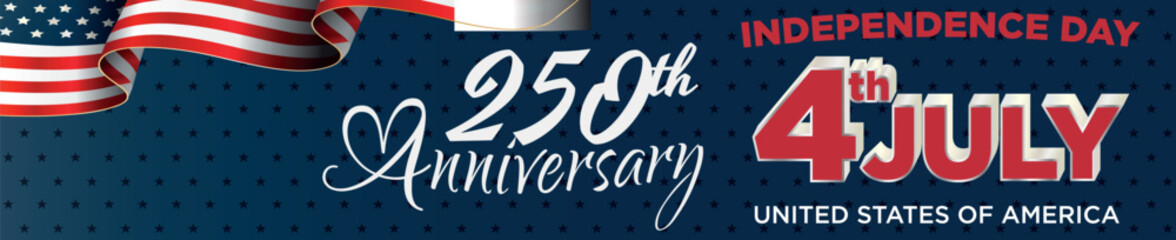 USA 250th anniversary Independence Day header banner  4th of July semiquincentennial horizontal web backdrop layout, wavy American flag t background vector illustration © Yaba Daba Duu