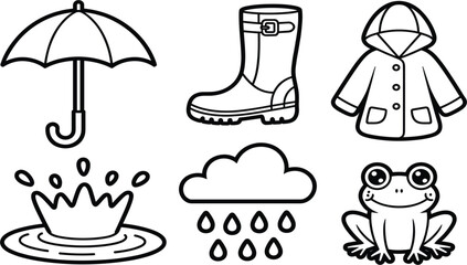 Obraz premium Rainy Weather Icons Collection, Umbrella Raincoat Boots Cloud Frog Vector Illustration Set for Seasonal Design
