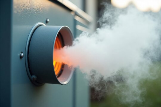 Close-up of industrial exhaust pipe emitting thick white smoke from heating system outside building during cold weather
