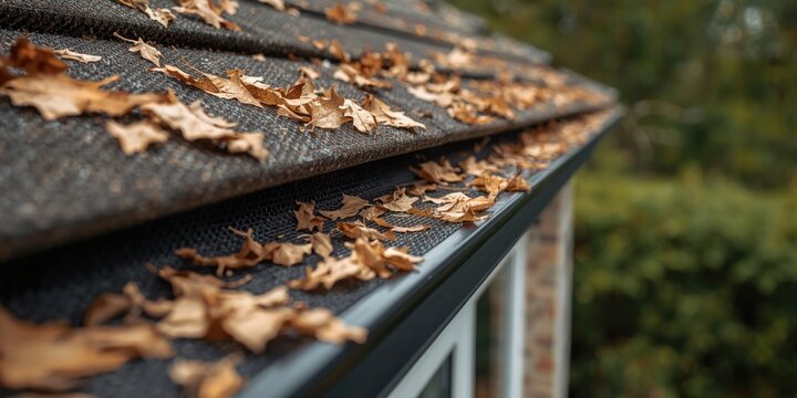 Dried leaves collected on a roof edge during autumn
