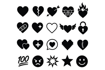 Fototapeta premium Various heart shapes and romantic love symbols collection with silhouette bandages collection valentines relationship elements decorative romantic