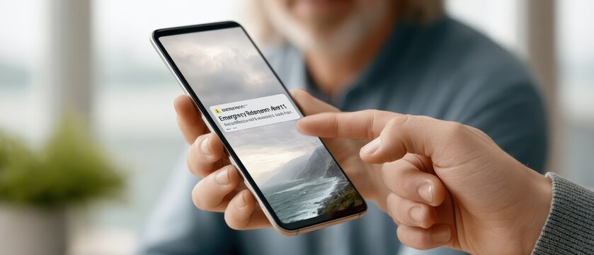 An adult woman holds a smartphone displaying an emergency alert notification, with an adult man blurred in the background, indoors